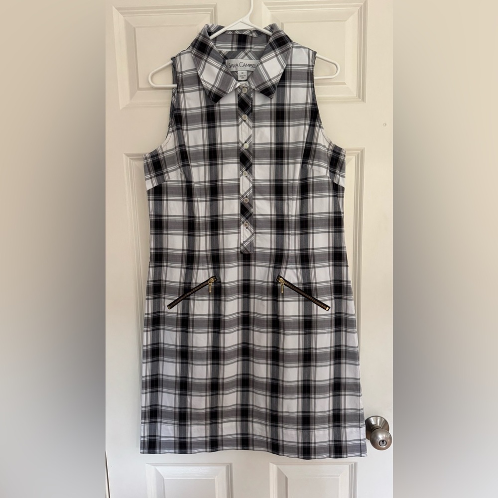 Sara Campbell black white plaid sleeveless fitted mini shirt dress women’s 12